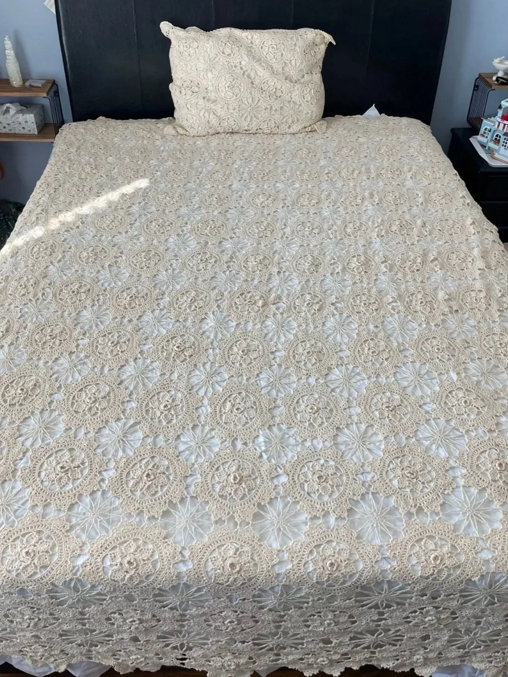 Vintage Cream Crocheted Coverlet w Matching Pillow Sham